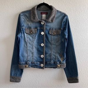 ✨Vintage Baby Phat | Wool Trim Embroidered Distressed Denim Jean Jacket 1990s